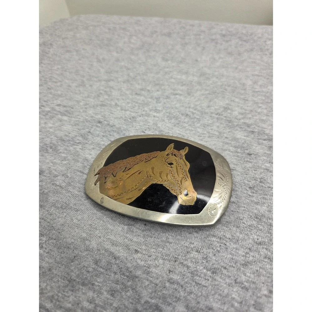 Vintage German Silver Black Enamel Brass Inlay Stallion Horse Belt Buckle